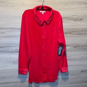 NWT- Woman Within LS Button Down Velour, Red
